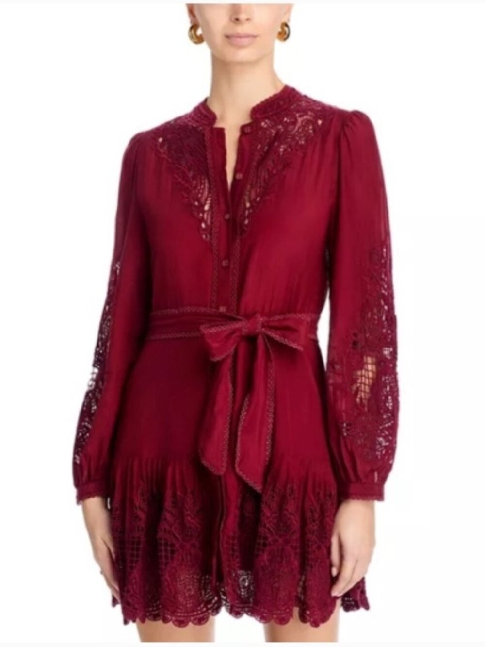 Farm Rio Lace Detail Mini Dress Burgundy Long Sleeve Size Medium Boho NWT